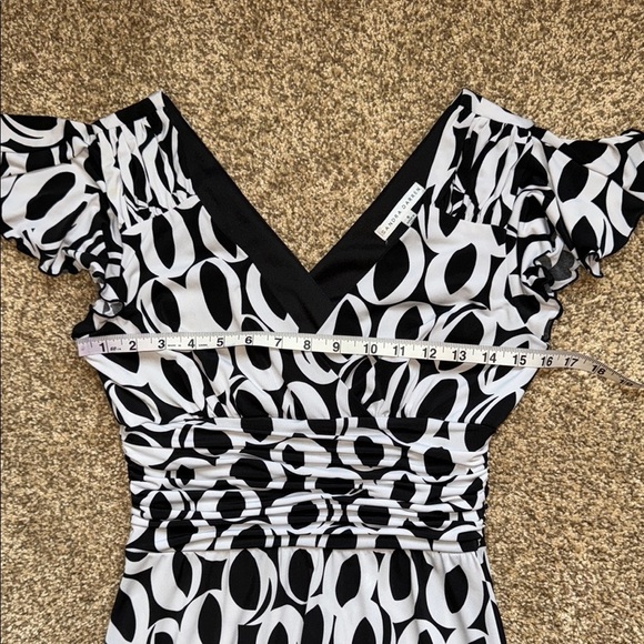 Sandra Darren Black and White, Wrap Over Bodice, Ruched Waist, Midi Dress - Picture 11 of 16